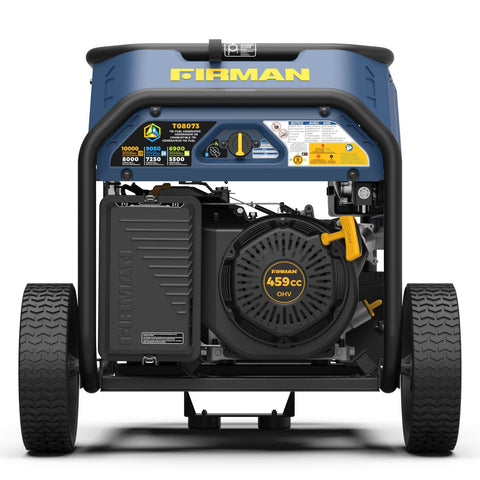 Close-up back view of Firman T08073 Tri-Fuel Portable Generator outlets
