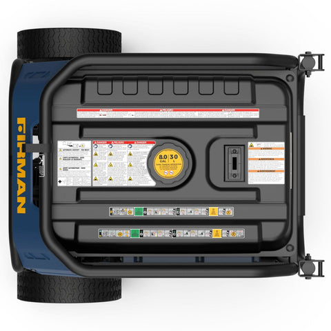 Close-up top view of Firman T08073 Tri-Fuel Portable Generator controls