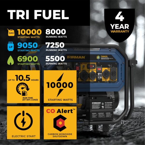 Firman T08073 Tri-Fuel 8000W/10000W Portable Generator | Electric Start | CO Alert - Image 11